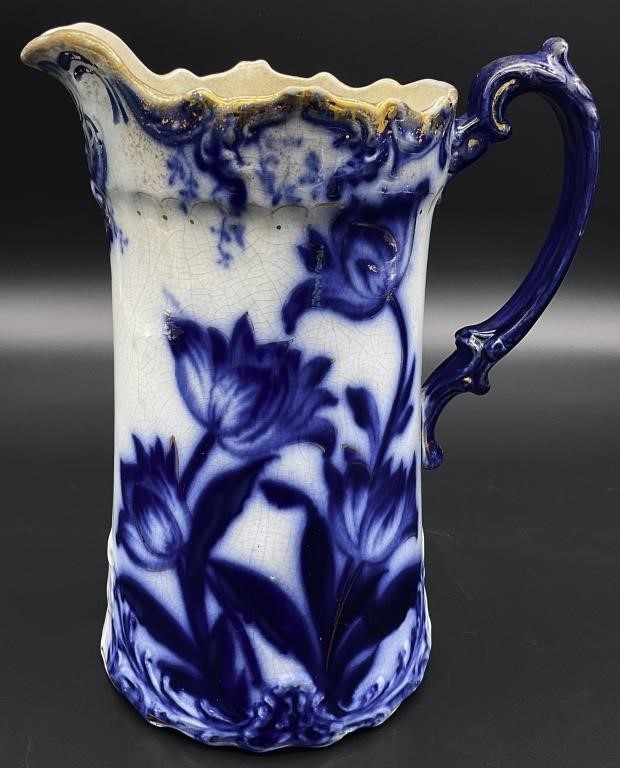 Antique Flow Blue & White Tankard Pitcher