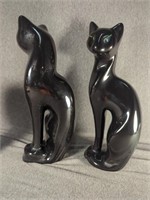 Pair of Mid Century Black Ceramic Cats, Wooden