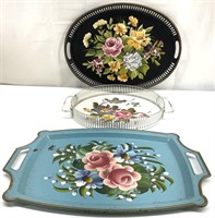 3 Vintage Metal Tole Hand Painted Trays