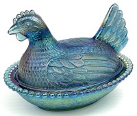 Blue Iridescent Glass Hen on Nest
