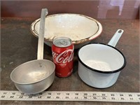 Vtg. Enameled Bowl, Small Pan, & Metal Ladle