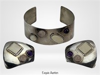 Sterling Silver Multi Stone Cuff Bracelet & Earrin