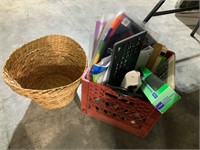 box lot of office supplies and trash basket