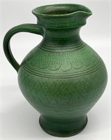 German Handmade Green Pottery Pitcher