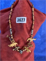 Wood Bead & Carved Animal Necklace, 32"Long