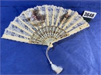 Decorative Lace Fan w/Victorian Scene, 9" Long