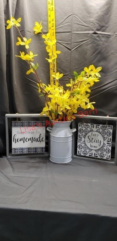 Tin Canister W/ Yellow Flowers. 2 Swinging Signs.