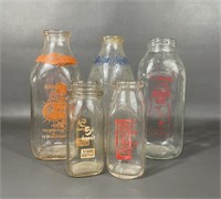Five Vintage Glass Milk & OJ Bottles