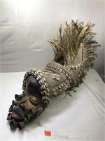 African Shell Mounted Carved Wooden Mask