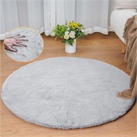 $22  3ft Grey Round Rug - Faux Bunny Fur