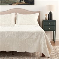 Ivory Textured Polyester 3-Pc Bedspread Set, Queen