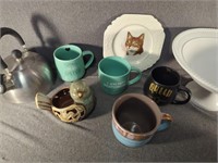 Pottery Style Mug, Cat Plate, Teapot, & Serving/