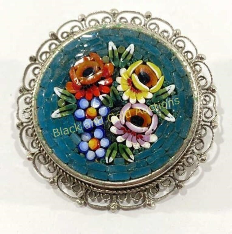 Italian Micro Mosaic Murano Style Beaded Pin