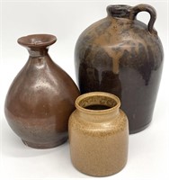 3 Antique Stoneware Pottery Vessels