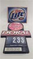 Doral Cigarette Clock & Miller Lite Tin Sign