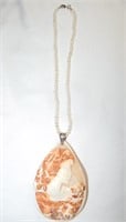 Carved Shell Cameo Pearl Necklace Signed by artist