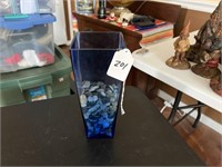 Blue Glass Vase with Decorative Rocks