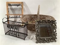 Jewelry Display, Wicker & Metal Baskets, & Mirror
