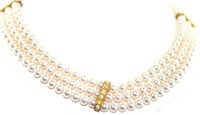 5 Ct White Sapphire 3 Row 6MM Pearl Necklace