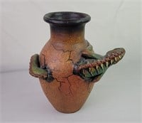 Signed Mexican Iquana Vase/ Lip Repaired