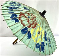 Vtg Asian Bamboo & Silk Parasol Umbrella