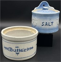 Antique Stoneware Butter Crock & Salt Box