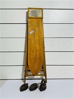 Wooden Ironing Board & Antique Irons