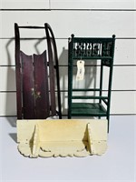 Painted Wooden Sleigh, Side Table & Shelf