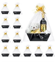 6 black baskets with gift wrapping and ribbon