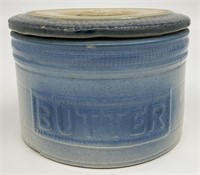 Antique Blue Stoneware Pottery Butter Crock