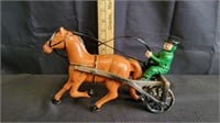 Vtg Cast Iron Racehorse Rider & Sulky Cart Harness