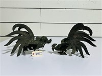 Pair of Brass Fighting Roosters