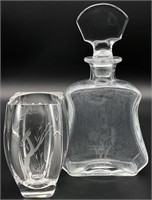 2pc Etched Crystal Decanter & Signed Vase