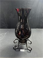 Large Ruby Glass Hurricane Vase w/ Stand
