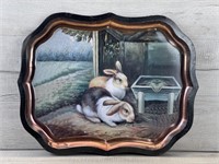 VINTAGE PAINTED METAL TRAY RABBITS IN HUTCH