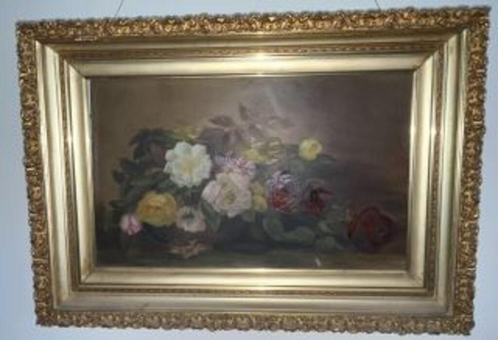 Oil on Canvas Floral Scene in Ornate Frame