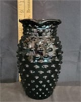 Vtg Black Amethyst Glass Hobnail Ruffle Vase
