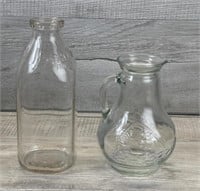 GLASS CLIPPER PITCHER & NASHVILLE MILK BOTTLE