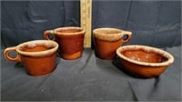 Vtg Hull Pottery Brown Drip Mugs / Bowl