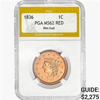 1836 Coronet Head Large Cent PGA MS62 RED Rim Cud