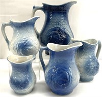 5pc Antique Blue & White Stoneware Pottery
