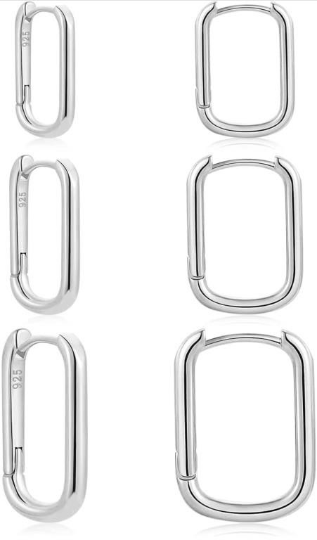 Ritach 3 Pairs Silver Square Hoop Earrings