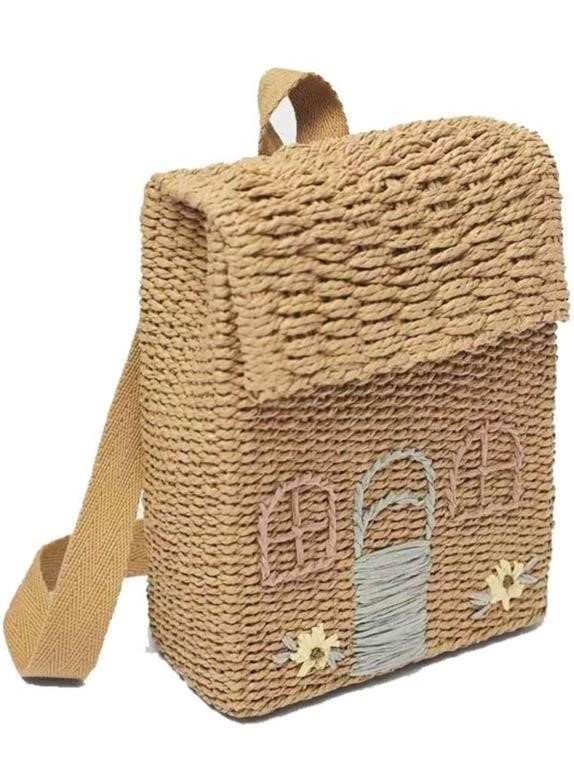 Embroidered kids straw backpack