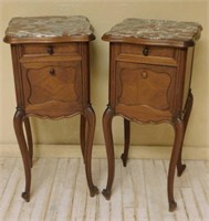 Louis XV Style Marble Top Walnut Side Cabinets.