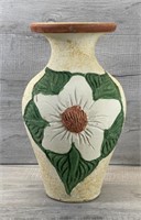 LARGE POTTERY VASE FLOWER & LEAVES HEAVY > 11 LB