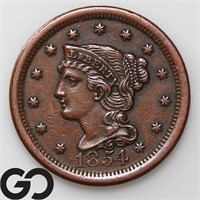 1854 Braided Hair Large Cent, AU+ Bid: 115