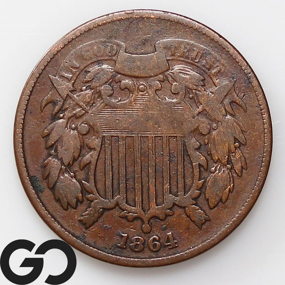 1864 Two Cent Piece, Large Motto, GOOD+ Bid: 15