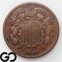1864 Two Cent Piece, Large Motto, GOOD+ Bid: 15