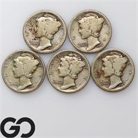 5-coin Lot, Mercury Dimes, 1916, 16S, 17, 17D, 17S