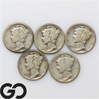 5-coin Lot, Mercury Dimes, 1920 20D, 20S, 23, 23S